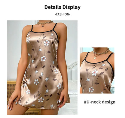 Women's Sleepdress Satin Floral Print Nightdress Comfortable Spaghetti Strap Sleepwear Dress Luxurious Satin Slip Nightdress