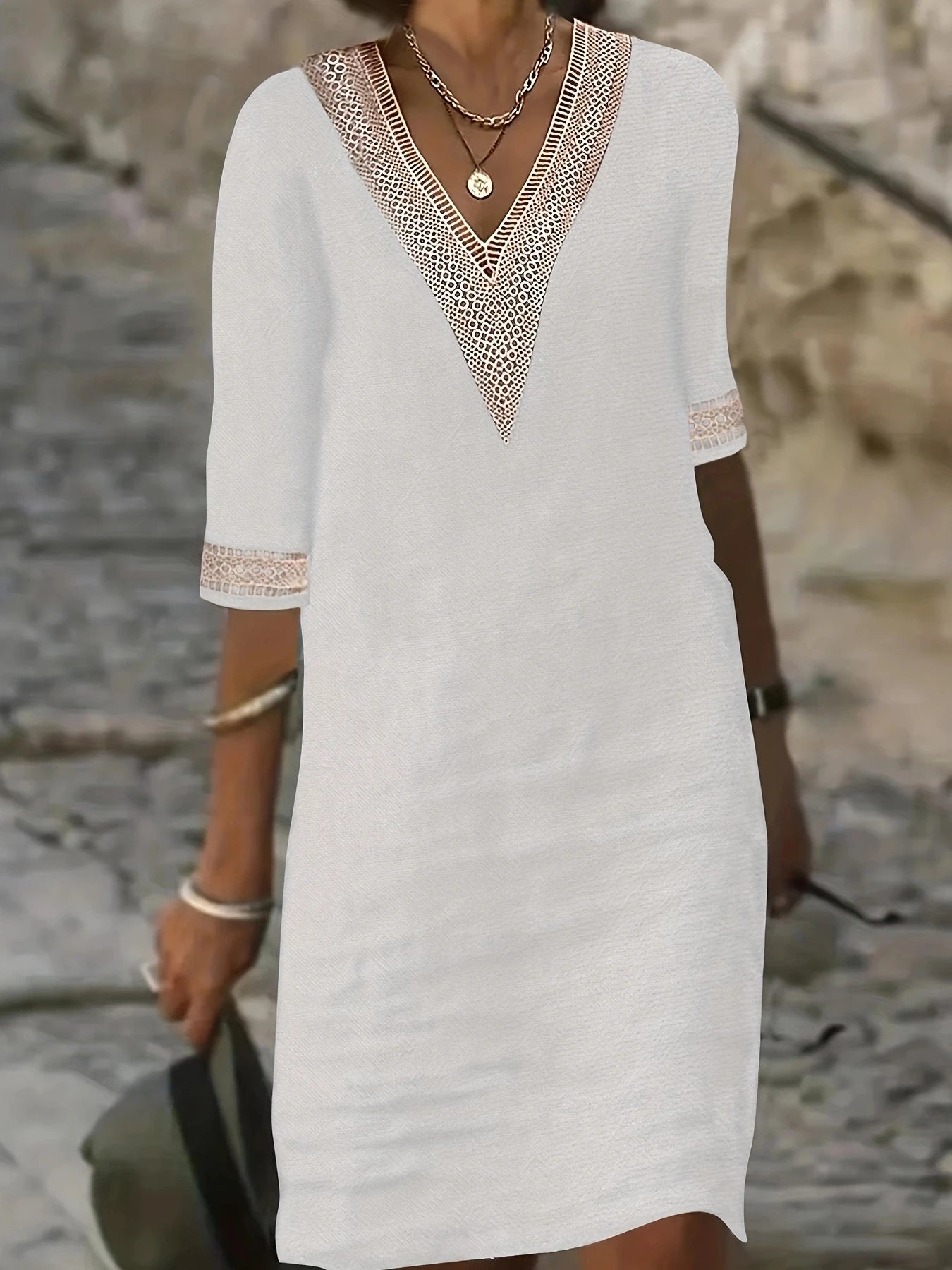 Chic Guipure Lace V-Neck Tunic Dress - Easy-Care, Knee-Length, All- Season Comfort with Stylish Hollow Details Badiee Stylez