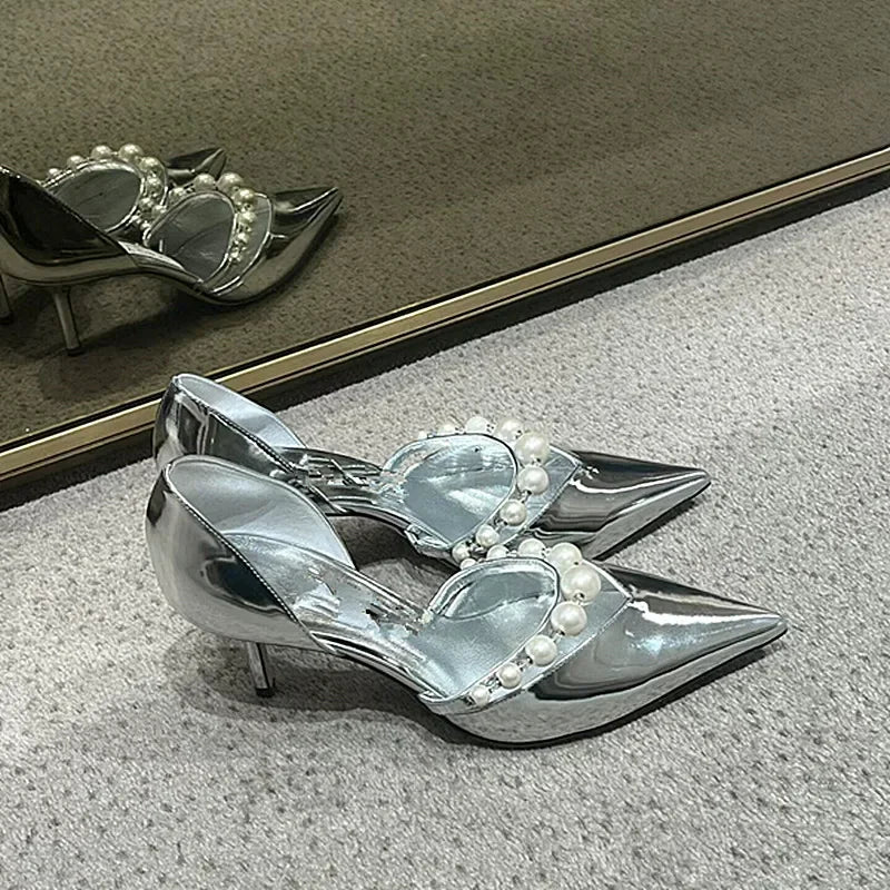 Spring/Summer New Pointed High Heels Hollow Fashion Banquet Pearl Hollow V-Mouth Women's Thin Heels Shallow Mouth Sandals Silver 7.5 cm
