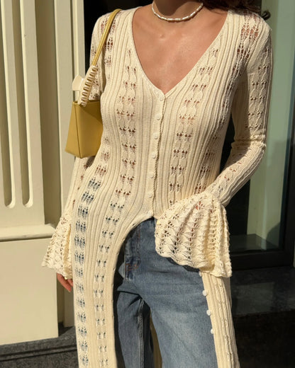 DSMTRC 2025 Holiday Knitted See-throught Cardigan Dress V Neck Long Flare Sleeves Leisure Long Trendy Single Breasted Autumn
