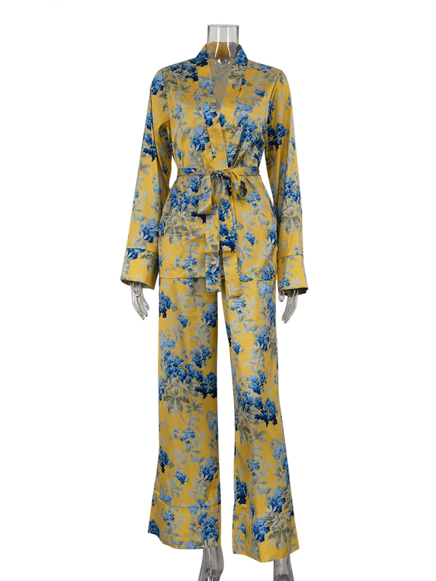 Marthaqiqi Fashion Women Nightwear Suit V-Neck Pajamas Long Sleeve Nightie Lace Up Nightgowns Pants Printing Ladies Pyjamas Set