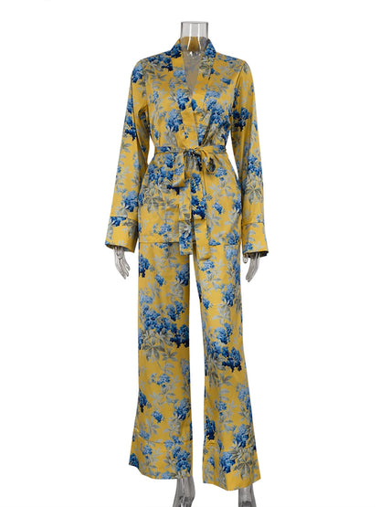 Marthaqiqi Fashion Women Nightwear Suit V-Neck Pajamas Long Sleeve Nightie Lace Up Nightgowns Pants Printing Ladies Pyjamas Set