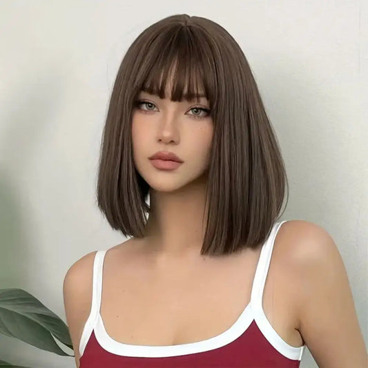 Light Brown Synthetic Wig For Short Straight Hair Bob For Women To Use For Daily Halloween Party Cosplay Badiee Stylez