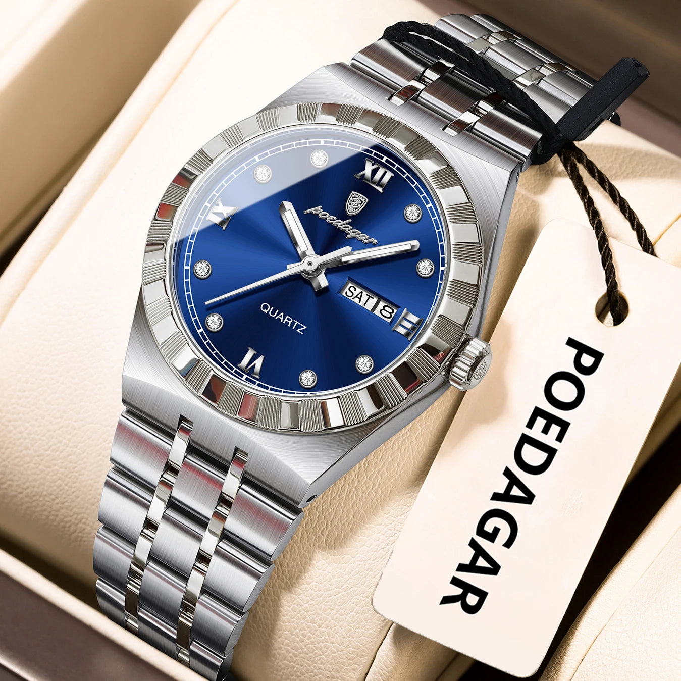 POEDAGAR Luxury Original Ladies Watch Luminous Waterproof Week Date Woman Wristwatch Stainless Steel Women Quartz Watches Female 794 Silver Blue