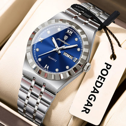 POEDAGAR Luxury Original Ladies Watch Luminous Waterproof Week Date Woman Wristwatch Stainless Steel Women Quartz Watches Female 794 Silver Blue