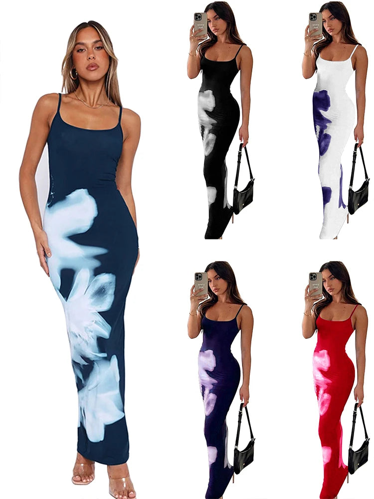 Summer Women's Dresses New Fashion Print Sleeveless Backless Bodycon Sexy Maxi Dresses Casual Streetwear Club Elegant Lady Dress