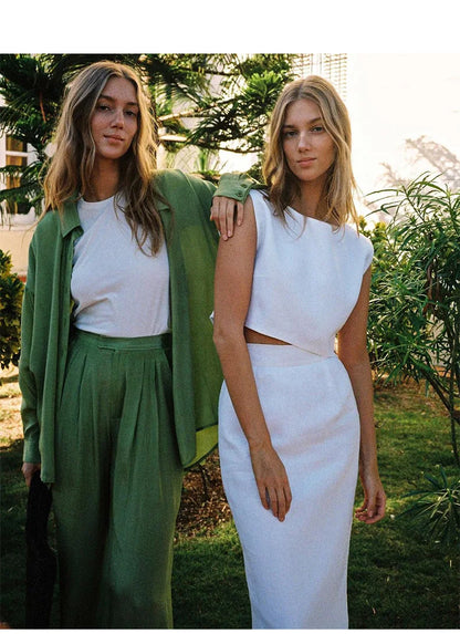 Summer New 100% Linen Sleeveless Crop Top Women's Loose Casual Solid Color Cute Tops Round Neck Minimalist Short T-Shirts