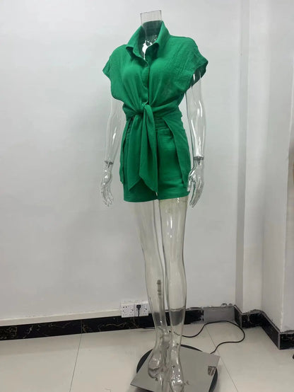 Summer cotton and linen solid color shirt short sleeved casual shorts set