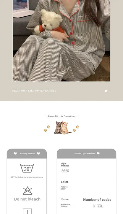 Pajamas Women Long Sleeve Trousers Summer Grey Cardigan Striped Sleepwear Loungewear Two Piece Set Ladies Nightwear Homewear