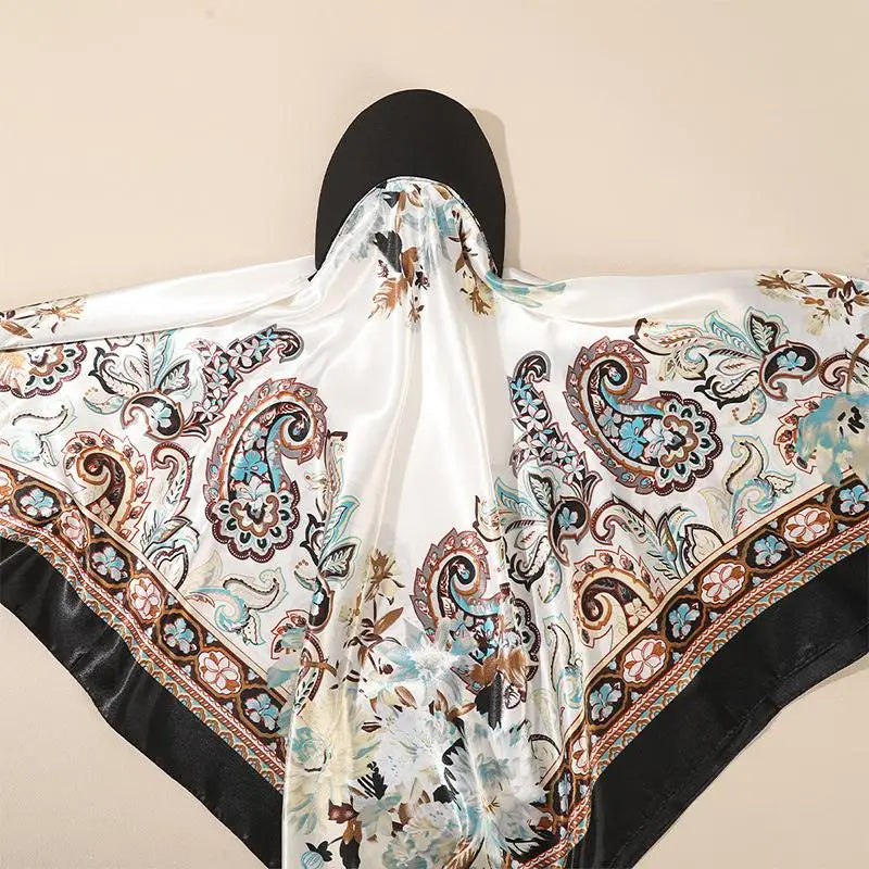 Outdoor Satin Silk Headscarf Hat with Brim 2-in-1 Sun Hat and Headband Elegant Printed Square Scarf Cap