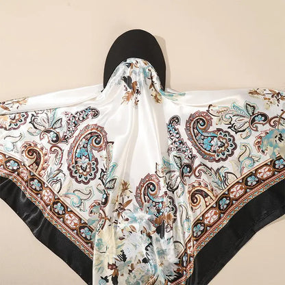 Outdoor Satin Silk Headscarf Hat with Brim 2-in-1 Sun Hat and Headband Elegant Printed Square Scarf Cap