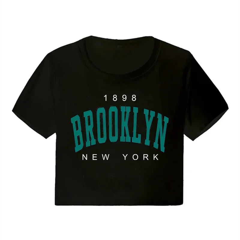 Women Brooklyn 1898 Letter Print Crop Tops Y2k T Shirt Harajuku Cropped Tshirt Funny Graphic T-shirt Korean Style Clothes Female black40917