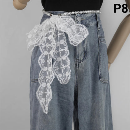 High-Quality Retro Silk Scarf Featuring Lace; Versatile Long Streamer Headband P8