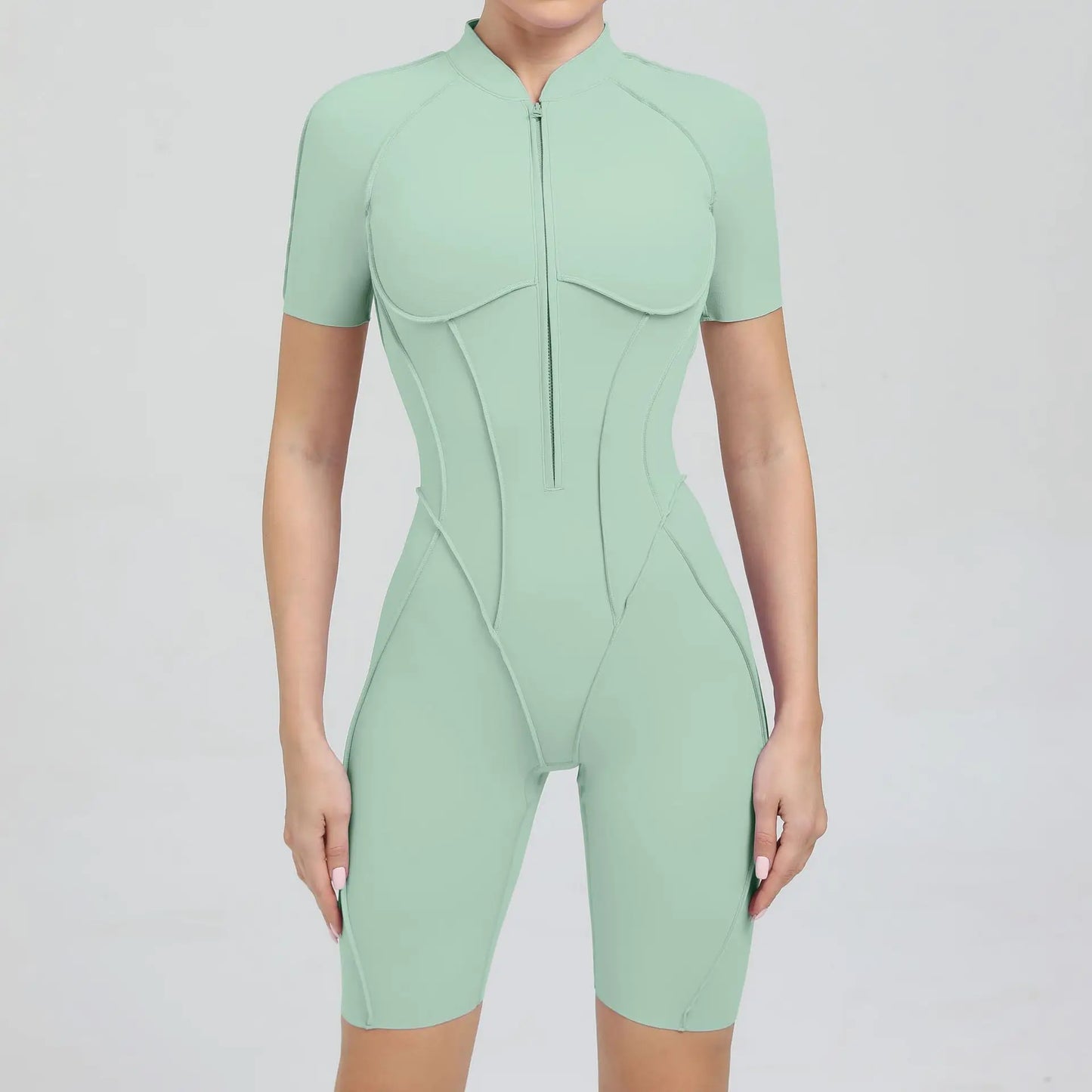 Pad Yoga Set Jumpsuit Short Sleeve Zipper Sports Gym Fitness Women Dance Running Workout Legging Bodysuits Active Wear XP83 Badiee Stylez