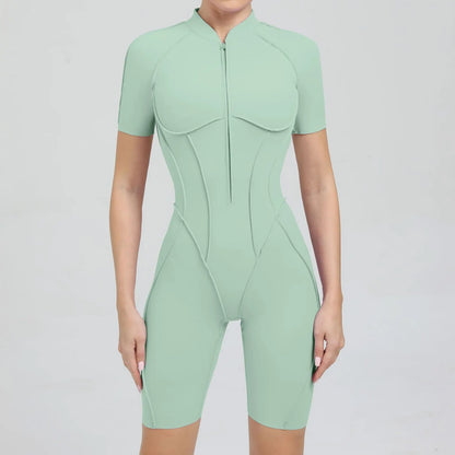 Pad Yoga Set Jumpsuit Short Sleeve Zipper Sports Gym Fitness Women Dance Running Workout Legging Bodysuits Active Wear XP83 Badiee Stylez