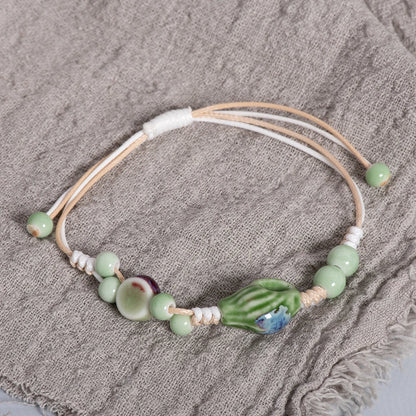 Ethnic Boho Handmade Ceramic Seashell Bracelet Adjustable Woven Vintage Jewelry Gift for Women S02-034