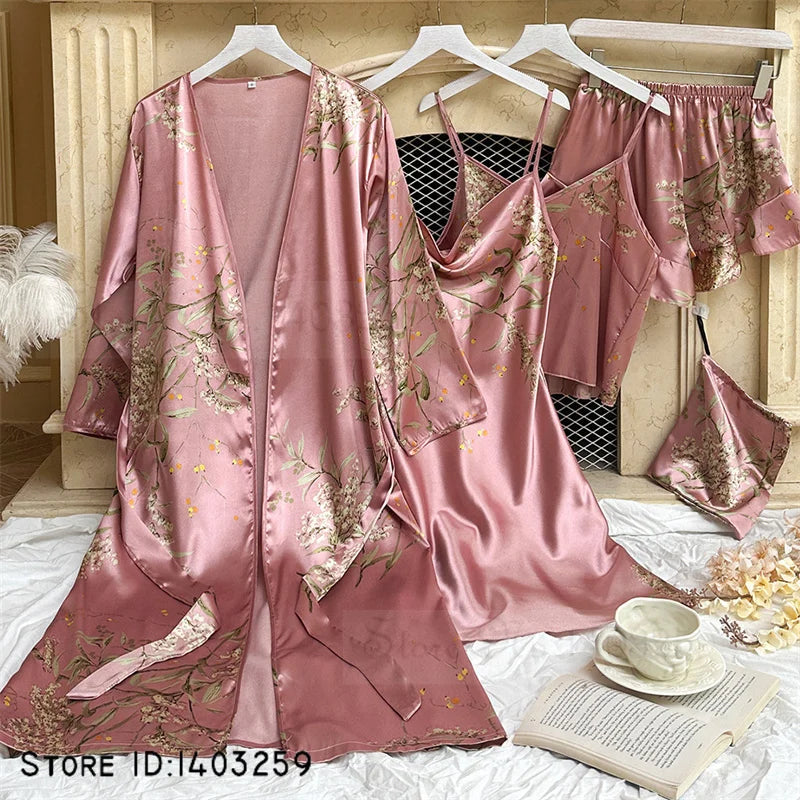 Four Pieces Pajamas Set Printed Little Cherry Sleepwear Women Satin Nightgown With Suspender Sling&Shorts Summer Home Clothes Pink Cherry A