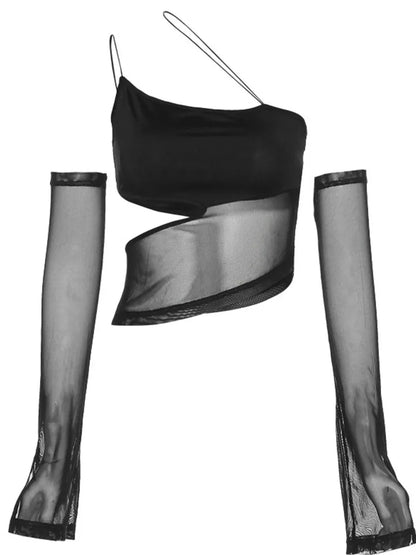 Asymmetrical Cut Out Mesh Crop Top with Sleeves Fairy Grunge Clothes Transparent Camisole Tank Tops
