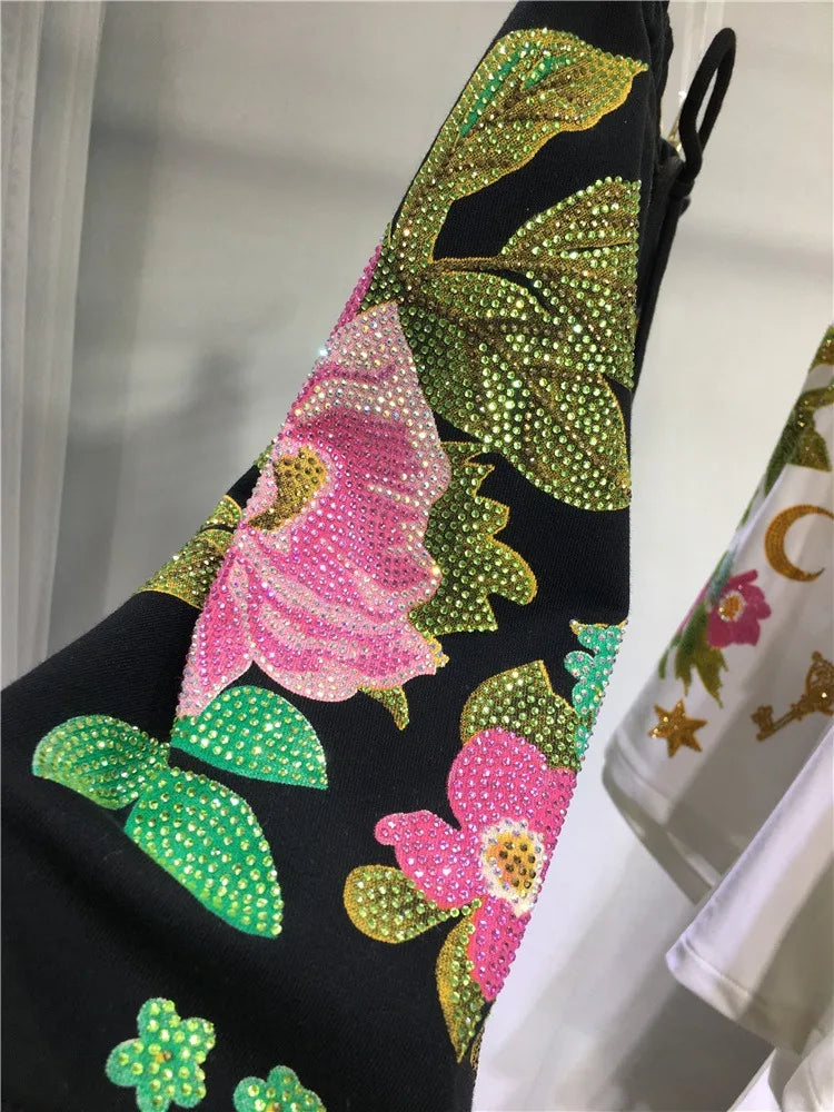 Oversized rhinestone diamond high-waisted black adjustable waist wide leg slacks Women's shorts