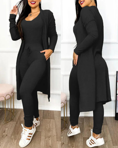Two Piece Set Women Outfit 2023 Spring Fashion Drawstring Pocket Design U-Neck Sleeveless Skinny Jumpsuit & Long Sleeve Coat Set A