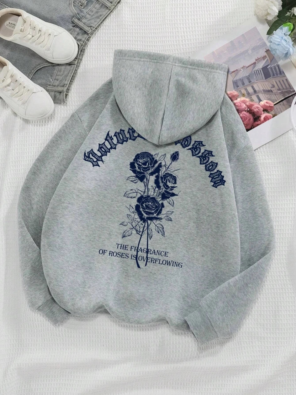 Fashion Women Hoodies Vintage Letters & Flowers Printed Sweatshirts Spring Crewneck Pullover Loose Fleece Female Tops Clothes gray