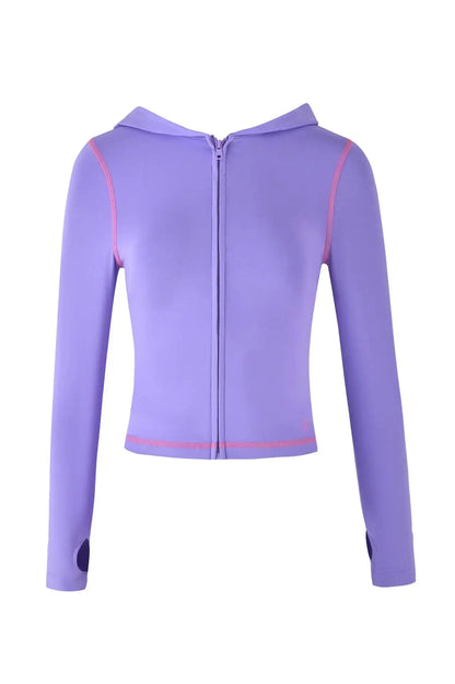 25 Summer New Shoulder Letter Printed Bright Thread Design Slimming Hooded Zipper Short Coat Shorts Set for Women purple top