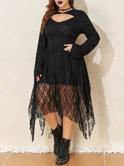 Halloween Plus Size Women's Gothic Lace Flare Sleeve A-Line Midi Dress Ladies Asymmetrical Hem Punk Party Costplay Dress 1XL-6XL black