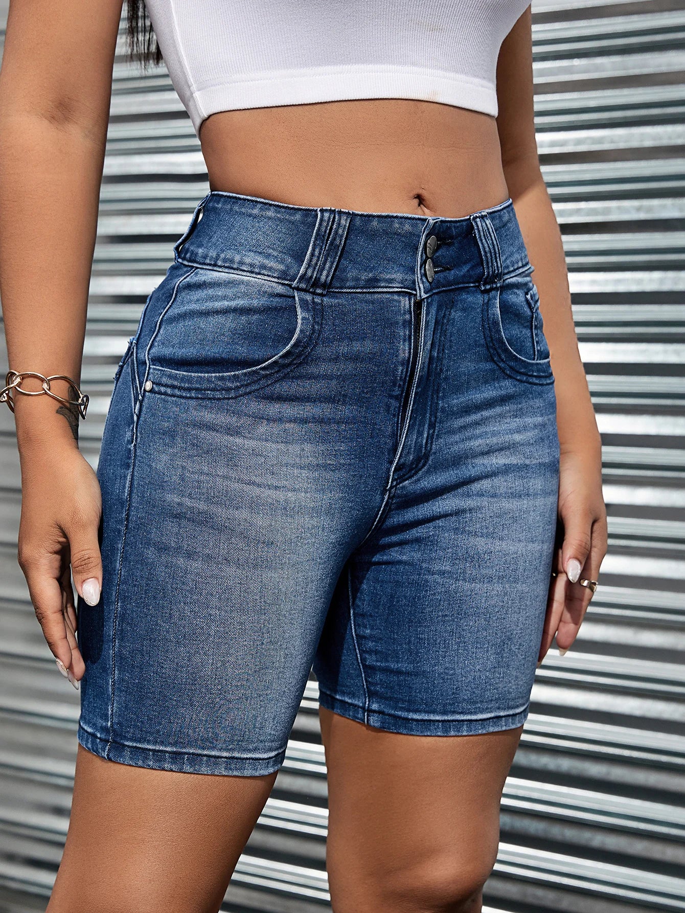Women's jeans high waist slim fit all-match double button Denim shorts