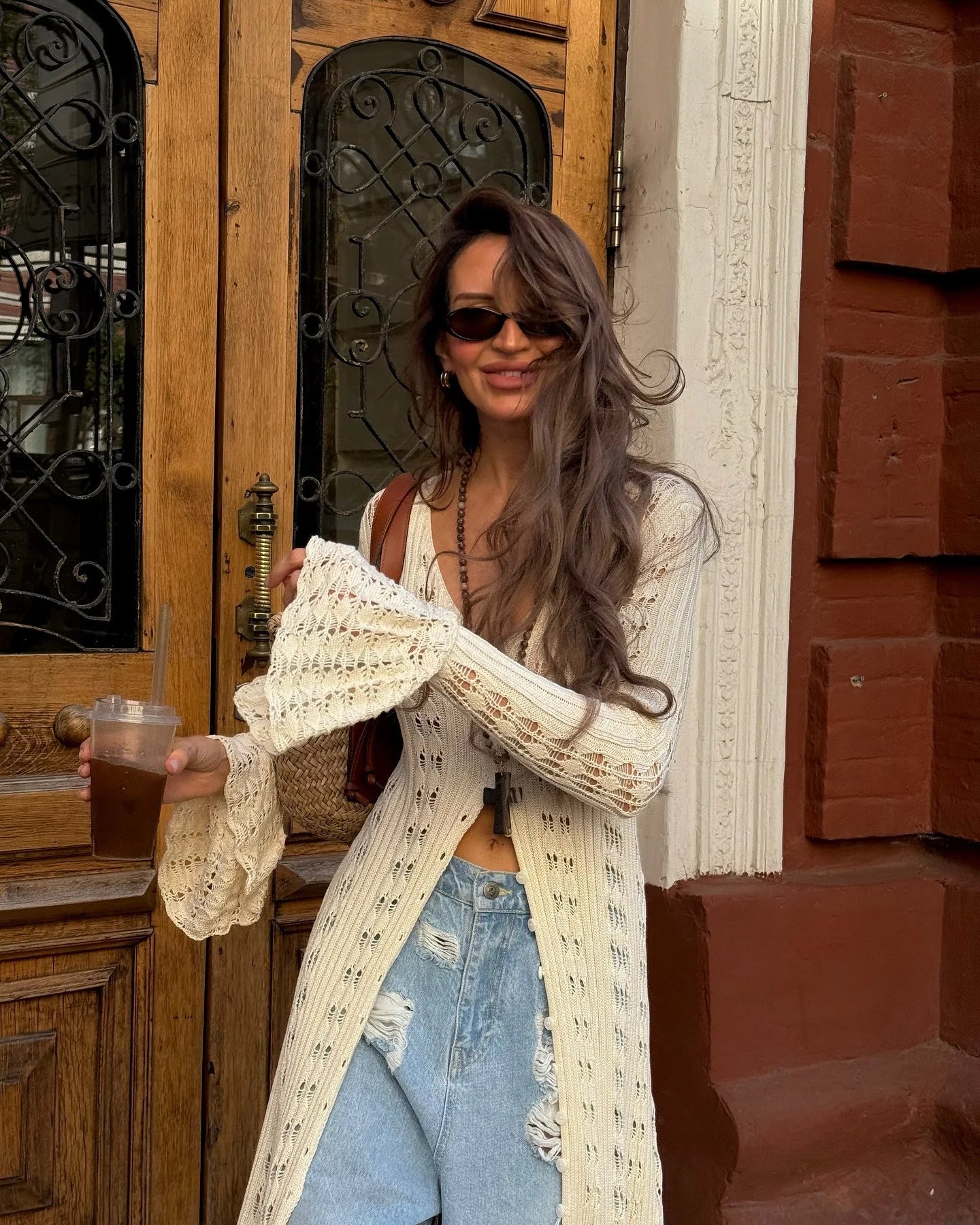 DSMTRC 2025 Holiday Knitted See-throught Cardigan Dress V Neck Long Flare Sleeves Leisure Long Trendy Single Breasted Autumn