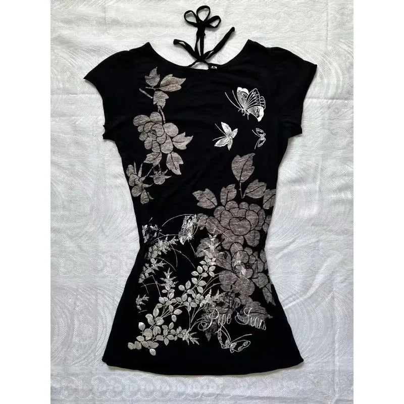 Retro Floral Print Fake Two-piece Short-sleeved T-shirt Women Y2K Millennial Hot Girl Sweet Slim Harajuku Street Casual Top 5