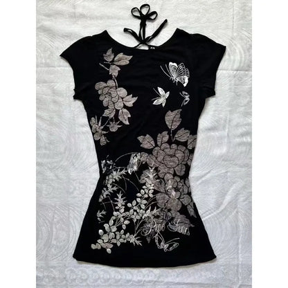 Retro Floral Print Fake Two-piece Short-sleeved T-shirt Women Y2K Millennial Hot Girl Sweet Slim Harajuku Street Casual Top 5