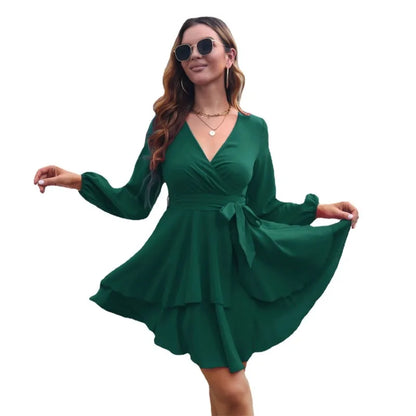 Sexy V-neck cinched waist lace up layered ruffle edge long sleeved dress for spring autumn women fashionable elegant short skirt