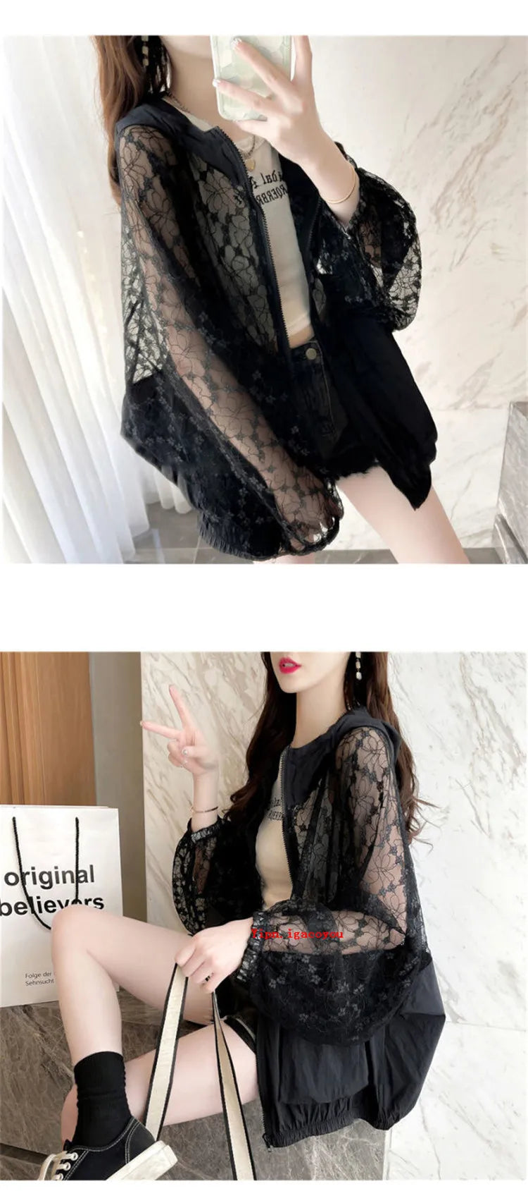 Fashion Lace Hollow Sun-Protective Clothes Women Hooded Coat New Summer Long Sleeve Cardigan Jacket Female Loose Outerwear G2498