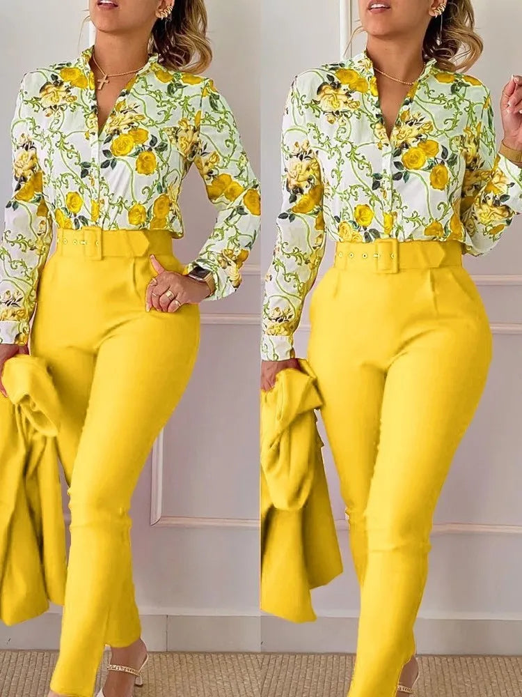 Elegant Women Printed Two Piece Suit Sets Spring Autumn V Neck Long Sleeve Shirt Top & Long Pants Set With Belt Workwear Outfits Yellow CHINA