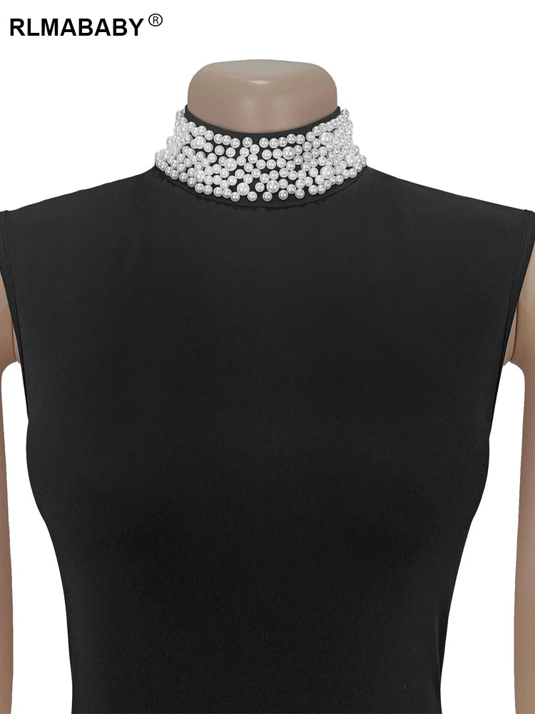 RLMABABY Elegant Splice Ruched Women Black Gown Long Bodycon Dress Pearl Stand Collar Sleeveless Club Party Sheath Maxi Dress