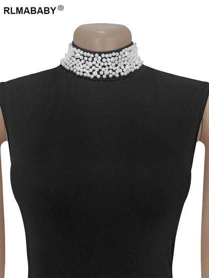 RLMABABY Elegant Splice Ruched Women Black Gown Long Bodycon Dress Pearl Stand Collar Sleeveless Club Party Sheath Maxi Dress