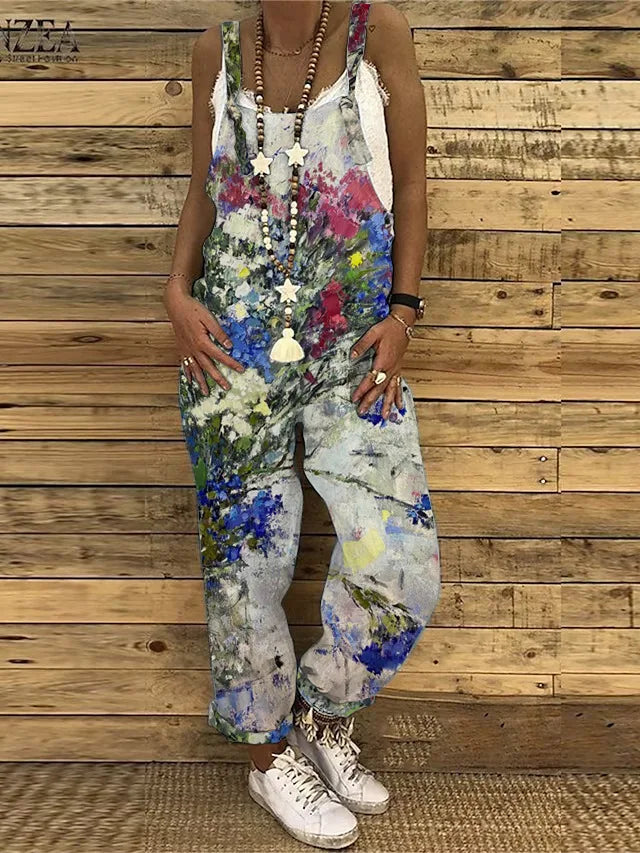 Women Overalls Summer Jumpsuits Thin Vintage Sweet Print Suspenders Loose Female Casual Large Size New Straight-leg Pants