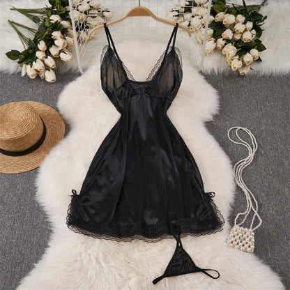 Japanese Sexy Print Kimono Slim Fit V-Neck Nightgown Loose Petal Sleeves Women's Erotic Lingerie Mini Irregular Patchwork Dress QD280-Black-O