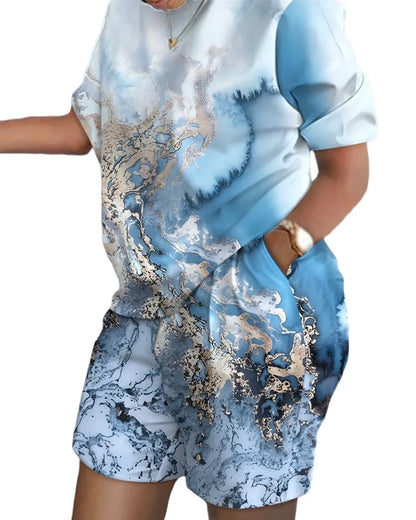 Women Casual Short Sleeve Outfit 2024 Summer Fashion Letter Printed O Neck Pocket Suit Female T Shirt Top Shorts Two Pieces Set 10