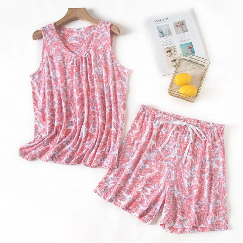 Hzioiys Summer Pajamas Sets Cotton Sleepwear Suit Women Casual Pajama Sets Cartoon Vest Shirt + Shorts Pajamas Suit Plus Size