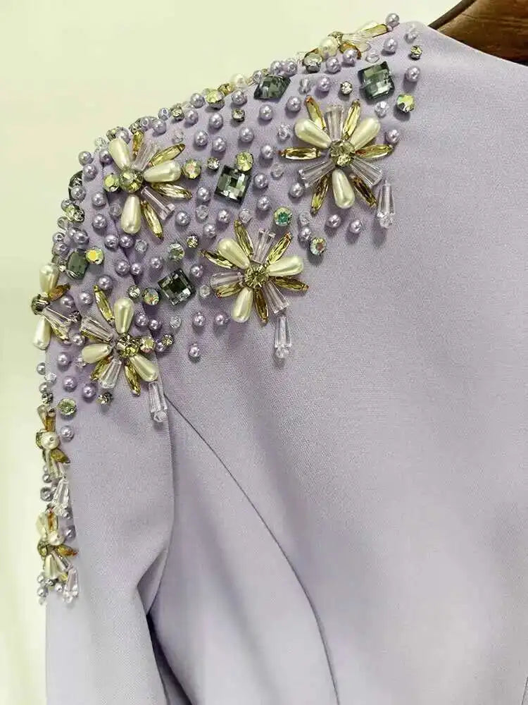 QMQA Fashion Women's Evening Dress Bead Diamond Spliced V Neck Long Sleeve High Waist Maxi Party Dresses 2025 Spring New QM324 Badiee Stylez