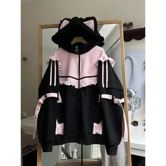 Japanese Sweet Coats Y2K Clothing Hoodie Women Tops Autumn and Winter Color Match Splicing with Thick Velvet Cardigan Jackets 872 Black