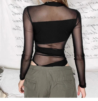 Spring Summer New Fashion Cut Cross Hollow Mesh Jumpsuit Long-Sleeved Thin O Neck Diagonal Black Charming Bodysuit Clubwear