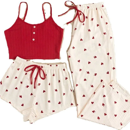 3pcs Women's Pajamas Heart-shaped Printed Vest Shorts And Pants Paired With Ribbed Fabric For Home Casual Women's Sleepwear Set