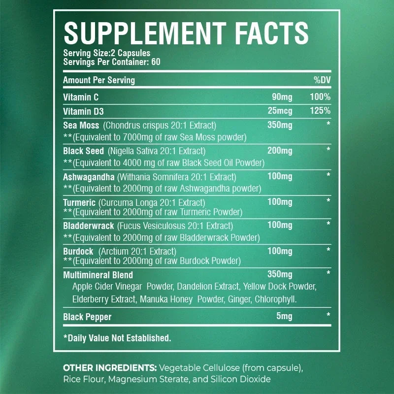 Sea Moss Supplement - Supports Thyroid Health, Anti-aging, Antioxidant, Improve Immunity, Detox, Beauty Health