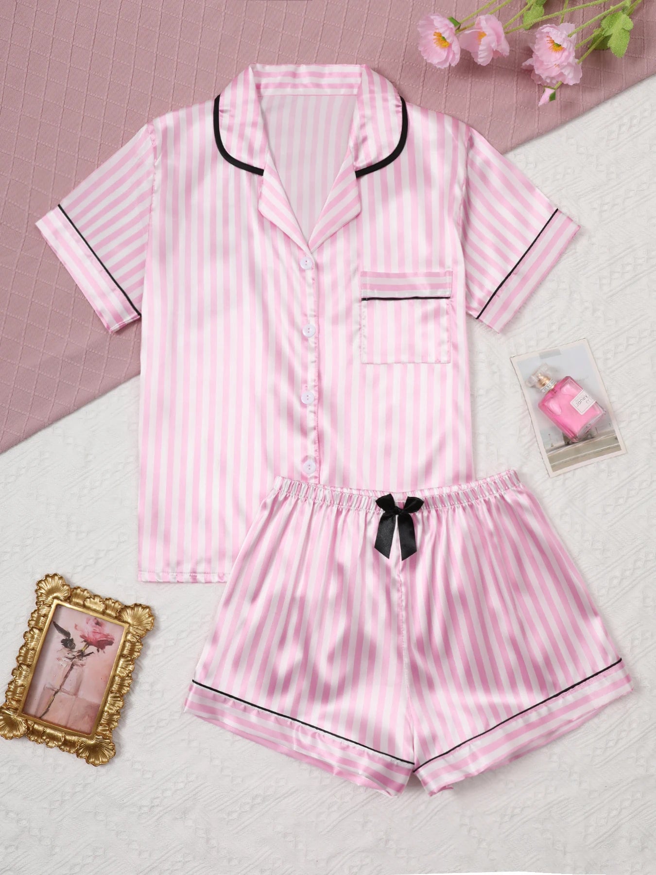 Satin Silk Women Pajamas Set Short-Sleeved Student Homewear Two-Piece Cardigan Lapel Senior Sense of Pink Striped Large Size PinkStriped