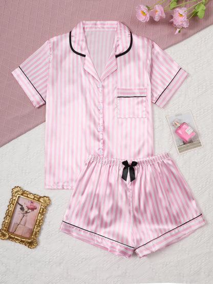 Satin Silk Women Pajamas Set Short-Sleeved Student Homewear Two-Piece Cardigan Lapel Senior Sense of Pink Striped Large Size PinkStriped