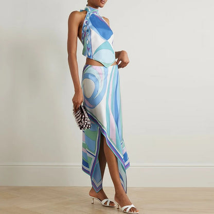 Summer Sexy Print Sleeveless Halter Shirt Skirt Two Piece Set Women Retro Pattern Print Satin Outfit Women Beach Holiday Clothes
