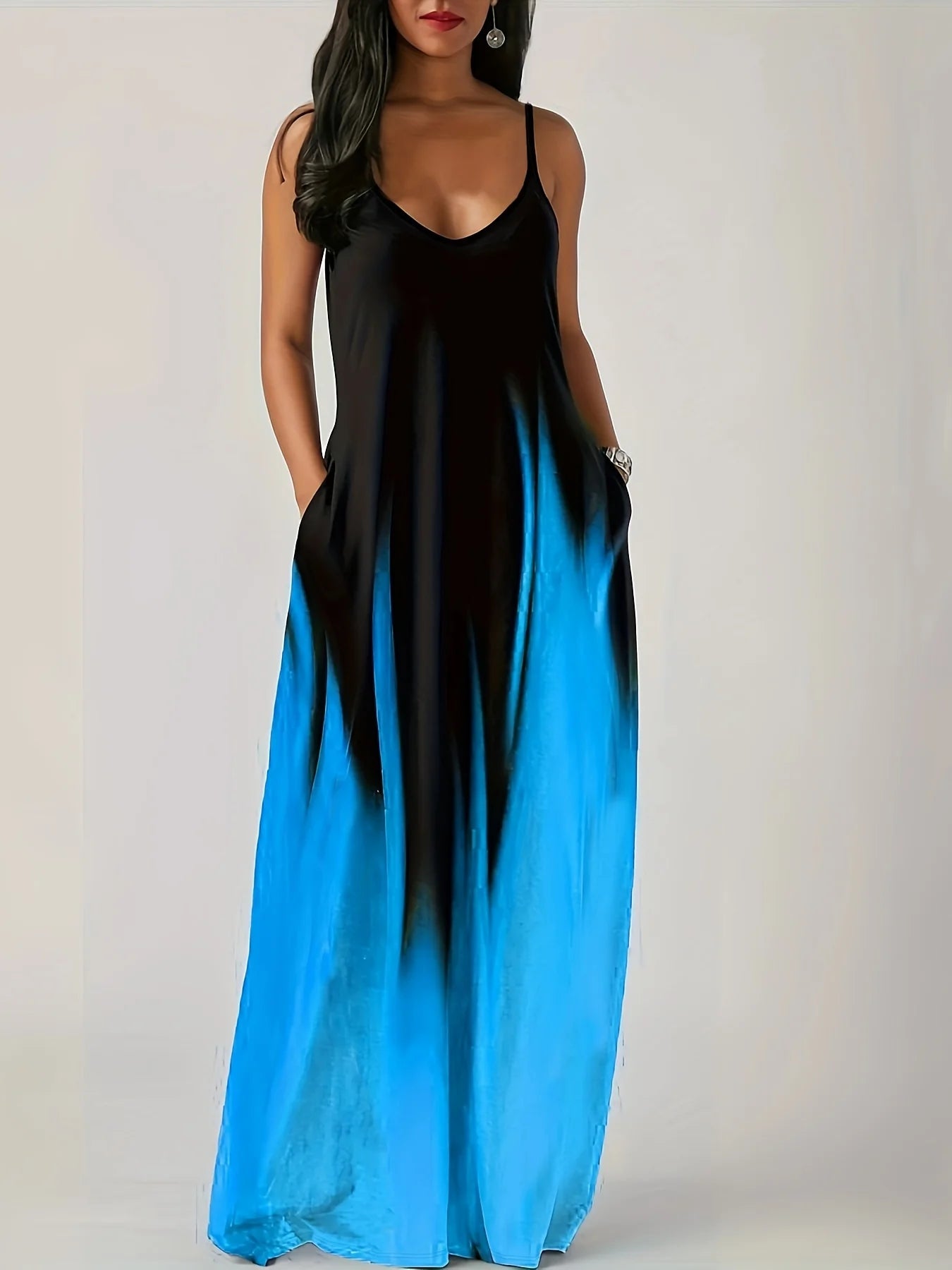 Plus size Summer cool style camisole long dress abstract fashion print temperament street dress SKY BLUE