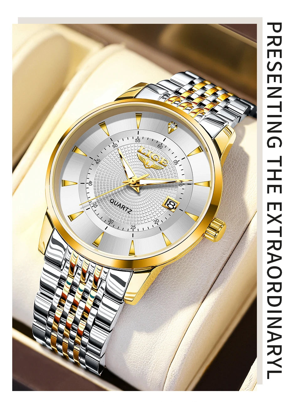 LIGE's new Fashion Women's Watch Luxury Stainless Steel Waterproof Clock Calendar Gift Quartz Watch for Women Relogio Feminino